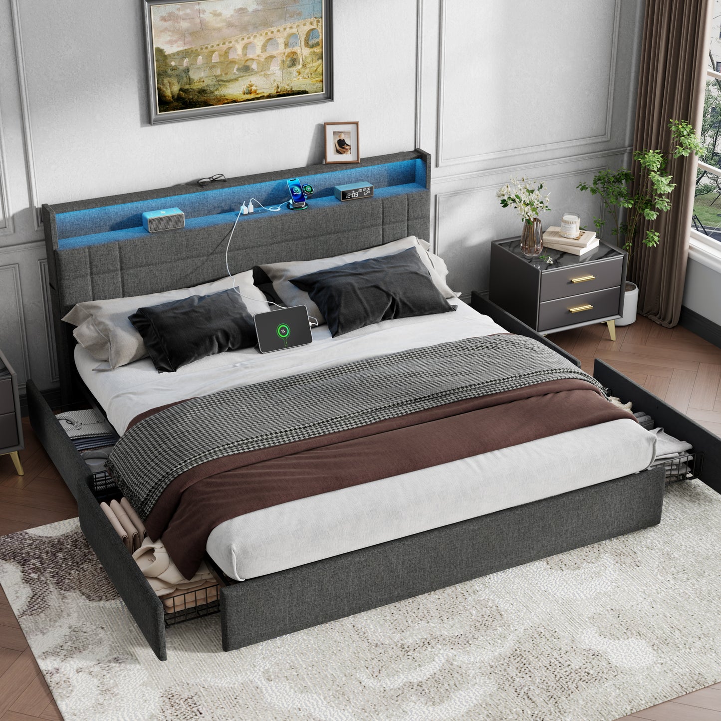 Satifur King Size Bed with Storage Headboard, Platform Bed with 4 Drawers, Rivet Upholstered Bed Frame with LED Lights & Charging Station, Dark Grey