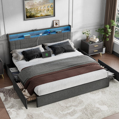 Satifur King Size Bed with Storage Headboard, Platform Bed with 4 Drawers, Rivet Upholstered Bed Frame with LED Lights & Charging Station, Dark Grey