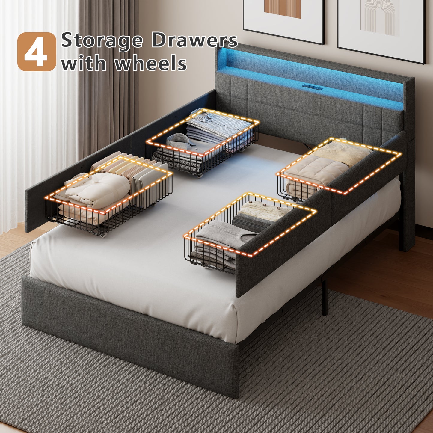 Satifur Full Size Bed Frame with Charging Station, Upholstered Rivet Storage Headboard Platform Beds, Noise-Free, Easy Assembly,Dark Grey