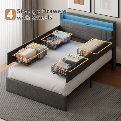 Satifur Full Size Bed Frame with Charging Station, Upholstered Rivet Storage Headboard Platform Beds, Noise-Free, Easy Assembly,Dark Grey