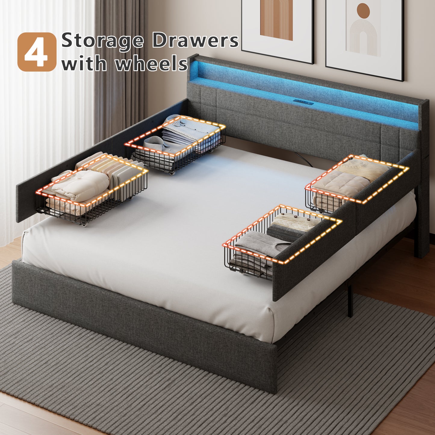 Satifur King Size Bed with Storage Headboard, Platform Bed with 4 Drawers, Rivet Upholstered Bed Frame with LED Lights & Charging Station, Dark Grey
