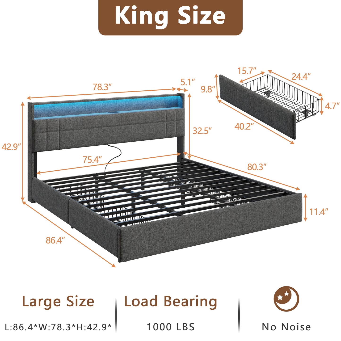 Satifur King Size Bed with Storage Headboard, Platform Bed with 4 Drawers, Rivet Upholstered Bed Frame with LED Lights & Charging Station, Dark Grey