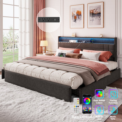 Satifur King Size Bed with Storage Headboard, Platform Bed with 4 Drawers, Rivet Upholstered Bed Frame with LED Lights & Charging Station, Dark Grey