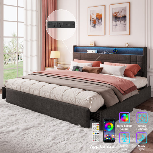 Satifur King Size Bed with Storage Headboard, Platform Bed with 4 Drawers, Rivet Upholstered Bed Frame with LED Lights & Charging Station, Dark Grey