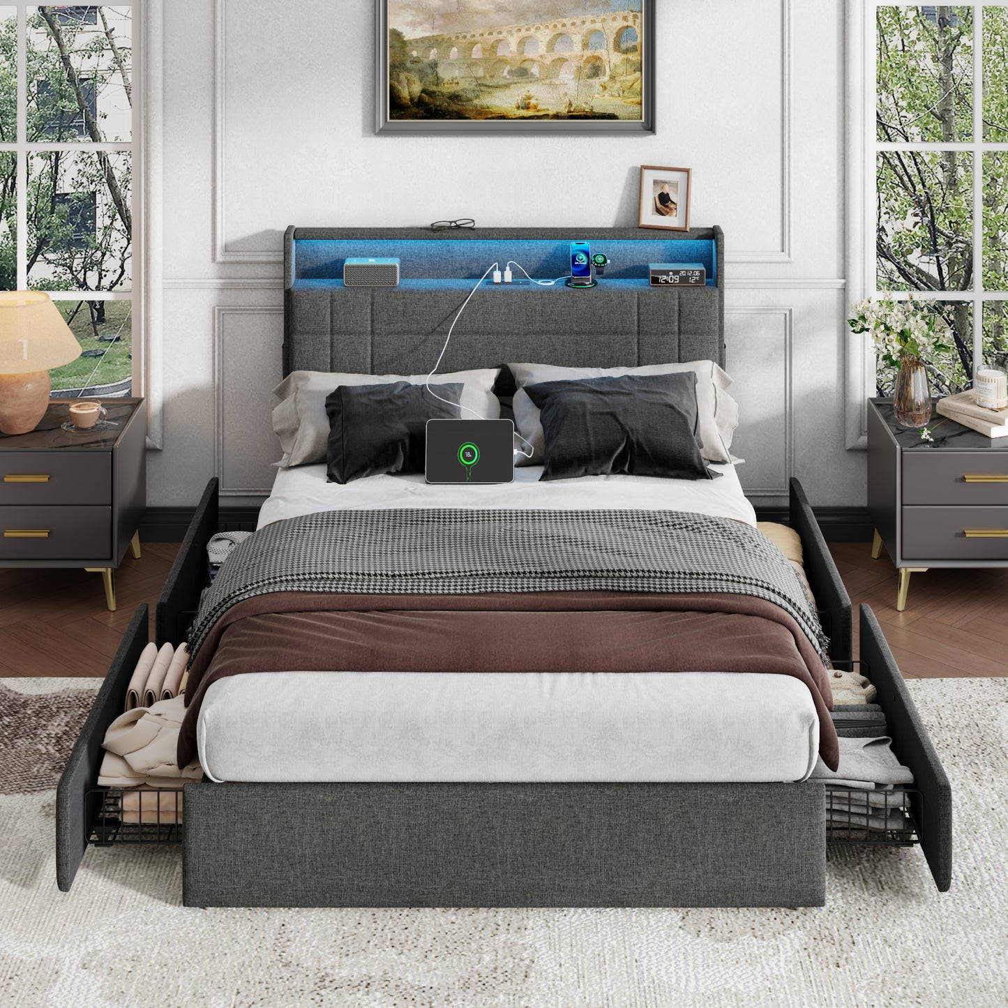 Satifur Full Size Bed Frame with Charging Station, Upholstered Rivet Storage Headboard Platform Beds, Noise-Free, Easy Assembly,Dark Grey