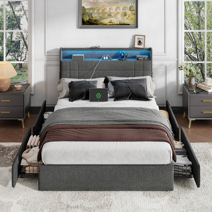 Satifur Full Size Bed Frame with Charging Station, Upholstered Rivet Storage Headboard Platform Beds, Noise-Free, Easy Assembly,Dark Grey