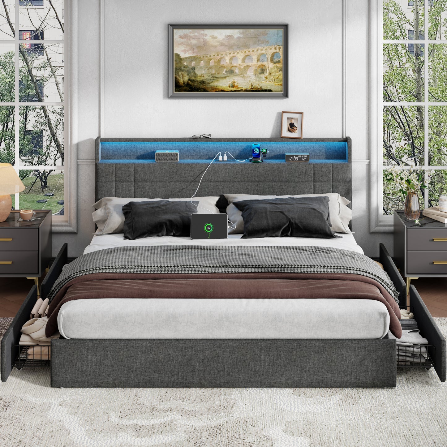 Satifur King Size Bed with Storage Headboard, Platform Bed with 4 Drawers, Rivet Upholstered Bed Frame with LED Lights & Charging Station, Dark Grey