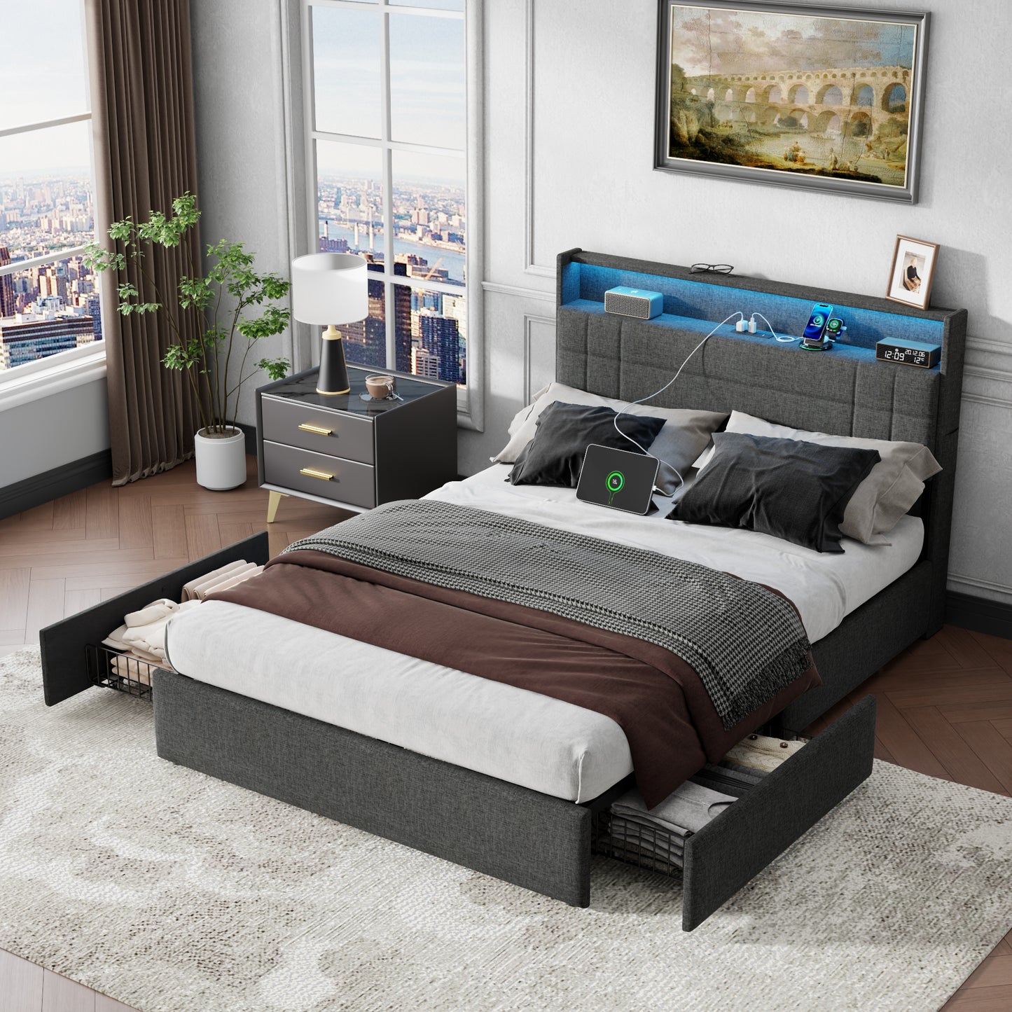Satifur Full Size Bed Frame with Charging Station, Upholstered Rivet Storage Headboard Platform Beds, Noise-Free, Easy Assembly,Dark Grey