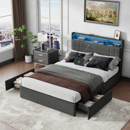 Satifur Full Size Bed Frame with Charging Station, Upholstered Rivet Storage Headboard Platform Beds, Noise-Free, Easy Assembly,Dark Grey