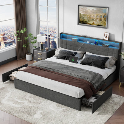 Satifur King Size Bed with Storage Headboard, Platform Bed with 4 Drawers, Rivet Upholstered Bed Frame with LED Lights & Charging Station, Dark Grey