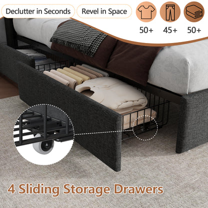 Satifur Full Size Bed Frame with Charging Station, Upholstered Rivet Storage Headboard Platform Beds, Noise-Free, Easy Assembly,Dark Grey