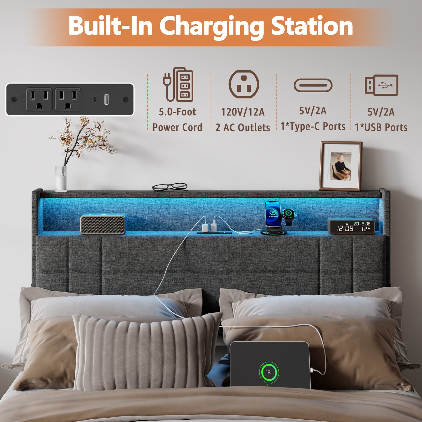 Satifur Full Size Bed Frame with Charging Station, Upholstered Rivet Storage Headboard Platform Beds, Noise-Free, Easy Assembly,Dark Grey