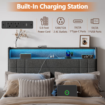 Satifur Full Size Bed Frame with Charging Station, Upholstered Rivet Storage Headboard Platform Beds, Noise-Free, Easy Assembly,Dark Grey