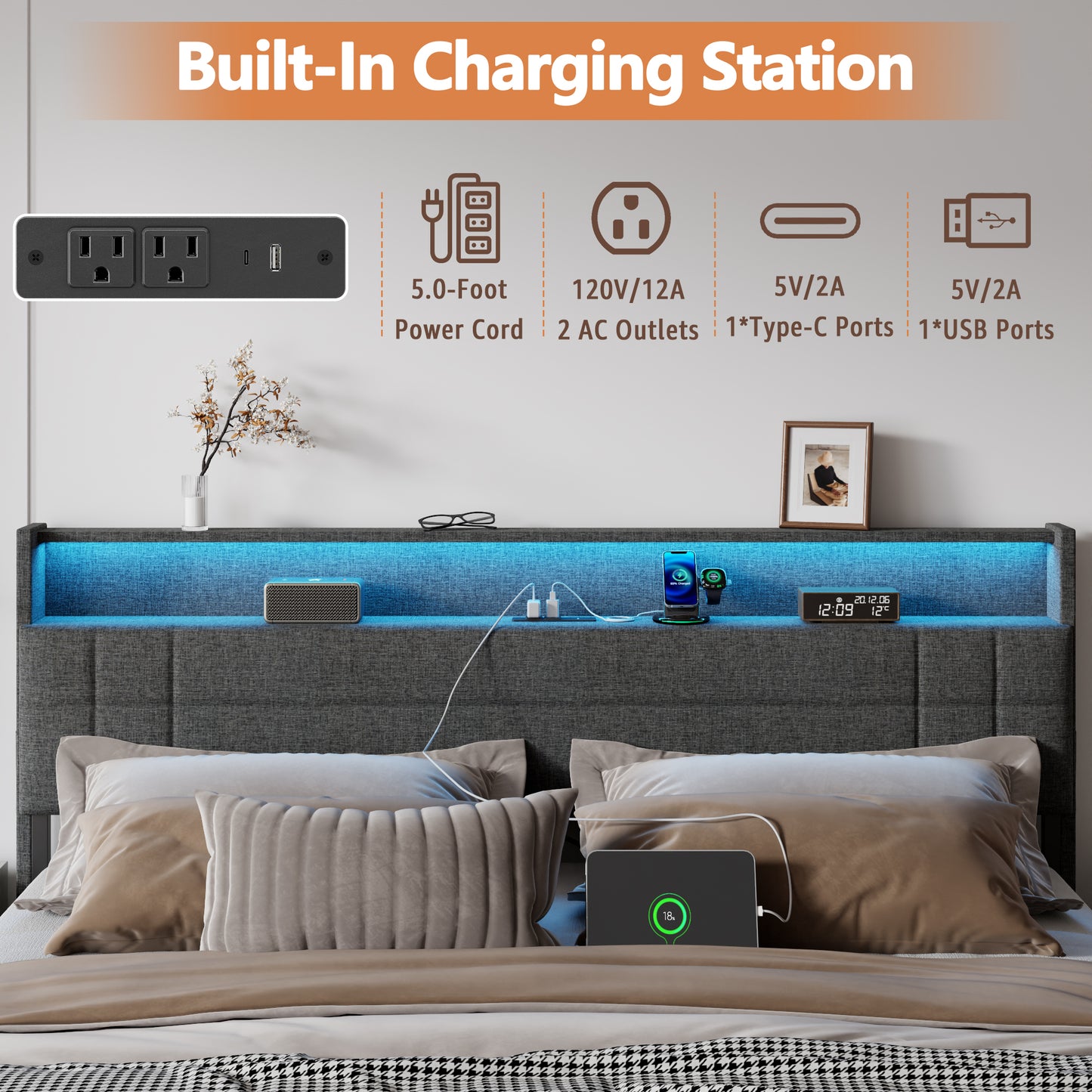 Satifur King Size Bed with Storage Headboard, Platform Bed with 4 Drawers, Rivet Upholstered Bed Frame with LED Lights & Charging Station, Dark Grey