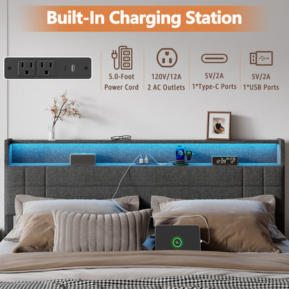 Satifur King Size Bed with Storage Headboard, Platform Bed with 4 Drawers, Rivet Upholstered Bed Frame with LED Lights & Charging Station, Dark Grey