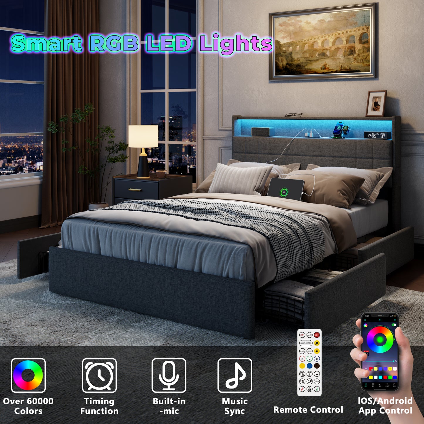 Satifur Full Size Bed Frame with Charging Station, Upholstered Rivet Storage Headboard Platform Beds, Noise-Free, Easy Assembly,Dark Grey