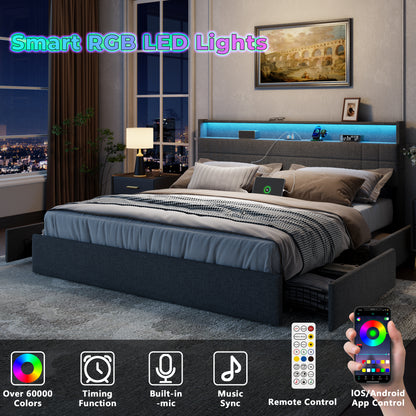 Satifur King Size Bed with Storage Headboard, Platform Bed with 4 Drawers, Rivet Upholstered Bed Frame with LED Lights & Charging Station, Dark Grey