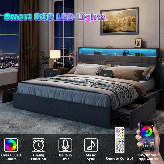 Satifur King Size Bed with Storage Headboard, Platform Bed with 4 Drawers, Rivet Upholstered Bed Frame with LED Lights & Charging Station, Dark Grey