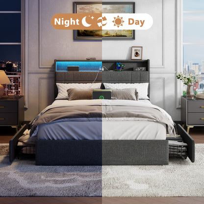 Satifur Full Size Bed Frame with Charging Station, Upholstered Rivet Storage Headboard Platform Beds, Noise-Free, Easy Assembly,Dark Grey