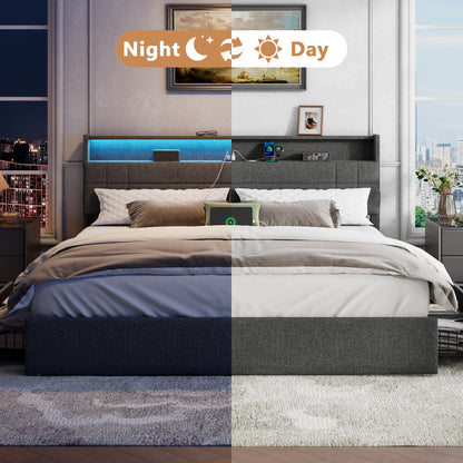 Satifur King Size Bed with Storage Headboard, Platform Bed with 4 Drawers, Rivet Upholstered Bed Frame with LED Lights & Charging Station, Dark Grey