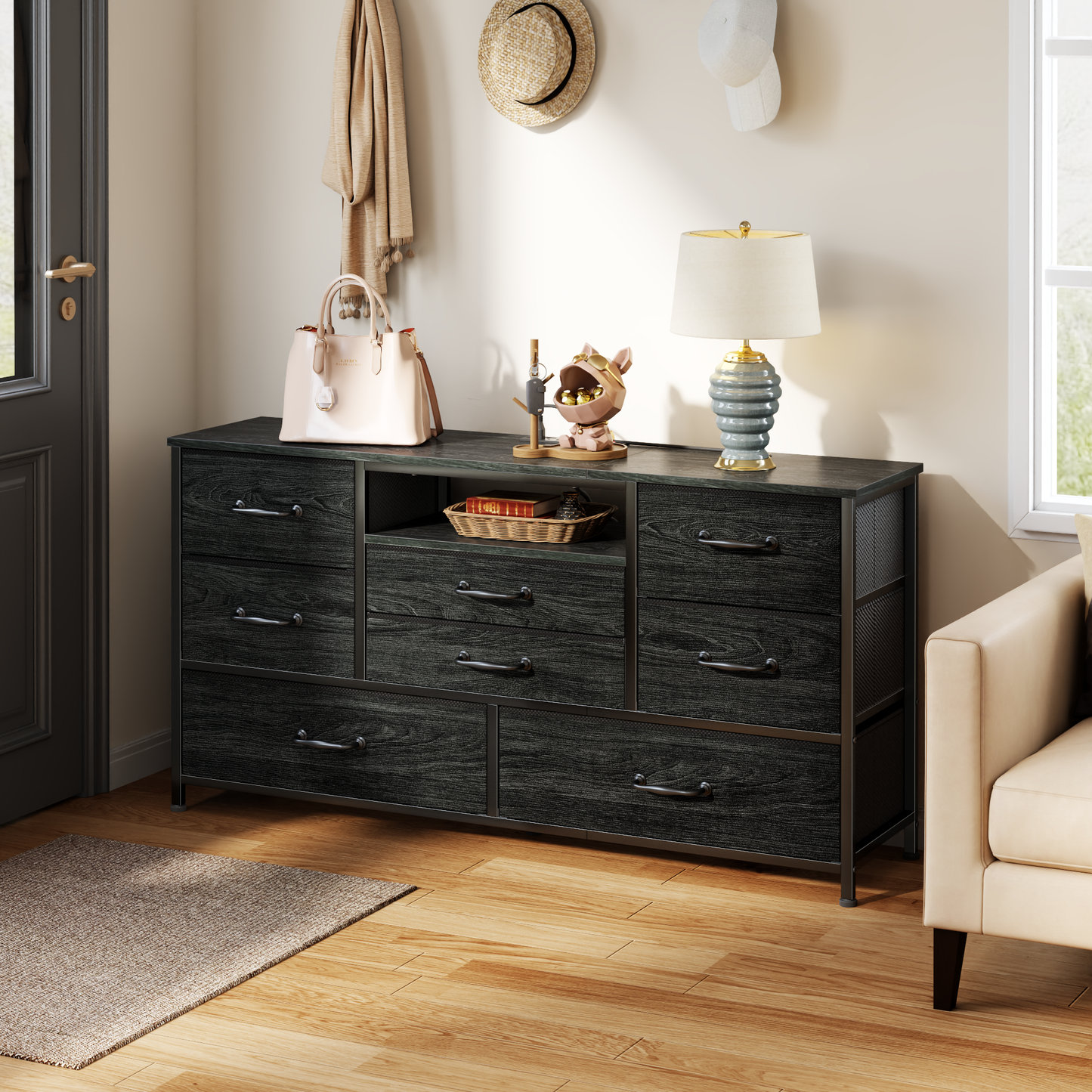 Tydimor TV Stand for TVs up to 55", Media Console for Living Room, Entertainment Center with Cabinet Storage, Black Oak