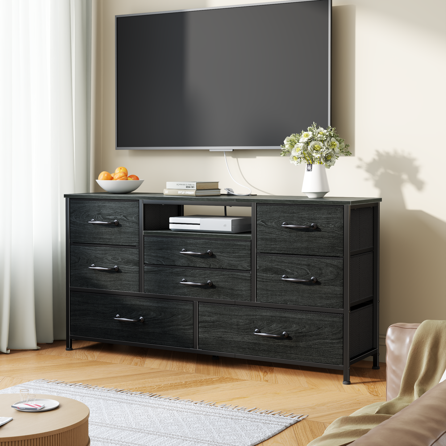 Tydimor TV Stand for TVs up to 55", Media Console for Living Room, Entertainment Center with Cabinet Storage, Black Oak