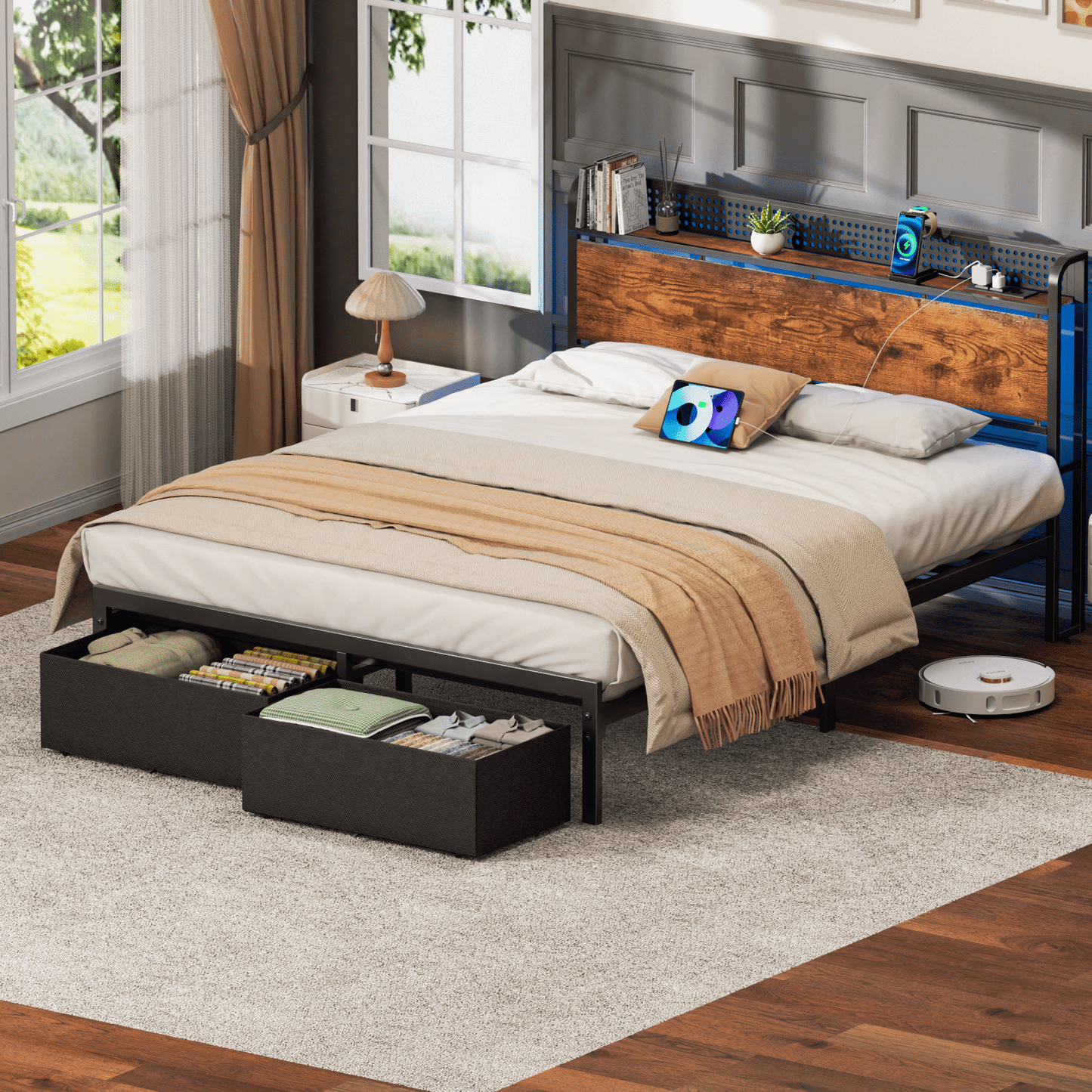 Tydimor Queen Bed Frame with 2 Drawers & Storage Headboard, Platform Metal Bed with Charging Station, No Box Spring Needed