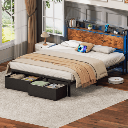 Tydimor Queen Bed Frame with 2 Drawers & Storage Headboard, Platform Metal Bed with Charging Station, No Box Spring Needed