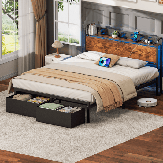 Tydimor Queen Bed Frame with 2 Drawers & Storage Headboard, Platform Metal Bed with Charging Station, No Box Spring Needed