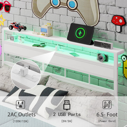 Tydimor Queen Bed Frames with Wood Headboard & 2-Tier Storage Shelves, Queen Size Platform Bed with Charging Station and LED Lights, No Box Spring Needed, White