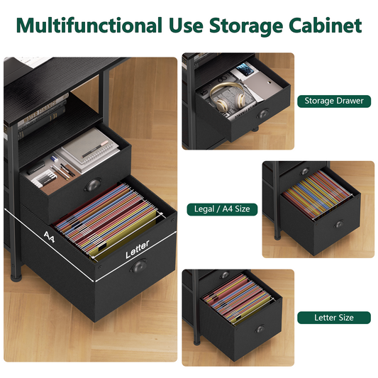 Satifur 47" Black Computer Office Desk with Drawers & Charging Station, Gaming Desk with Movable Monitor Stands, Storage Shelves & File Cabinet