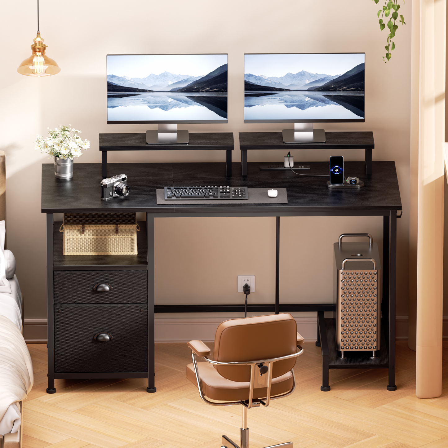 Satifur 47" Black Computer Office Desk with Drawers & Charging Station, Gaming Desk with Movable Monitor Stands, Storage Shelves & File Cabinet