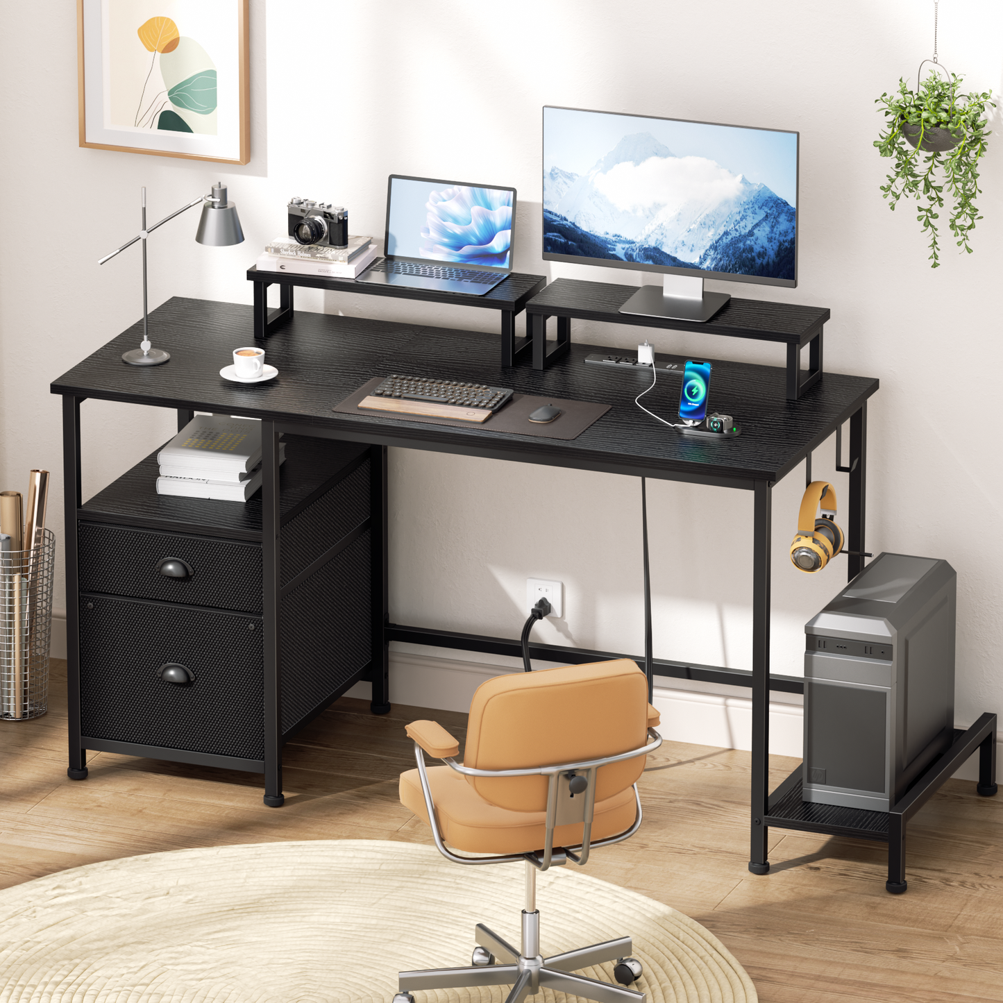 Satifur 47" Black Computer Office Desk with Drawers & Charging Station, Gaming Desk with Movable Monitor Stands, Storage Shelves & File Cabinet