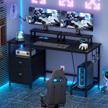 Satifur 47" Black Computer Office Desk with Drawers & Charging Station, Gaming Desk with Movable Monitor Stands, Storage Shelves & File Cabinet