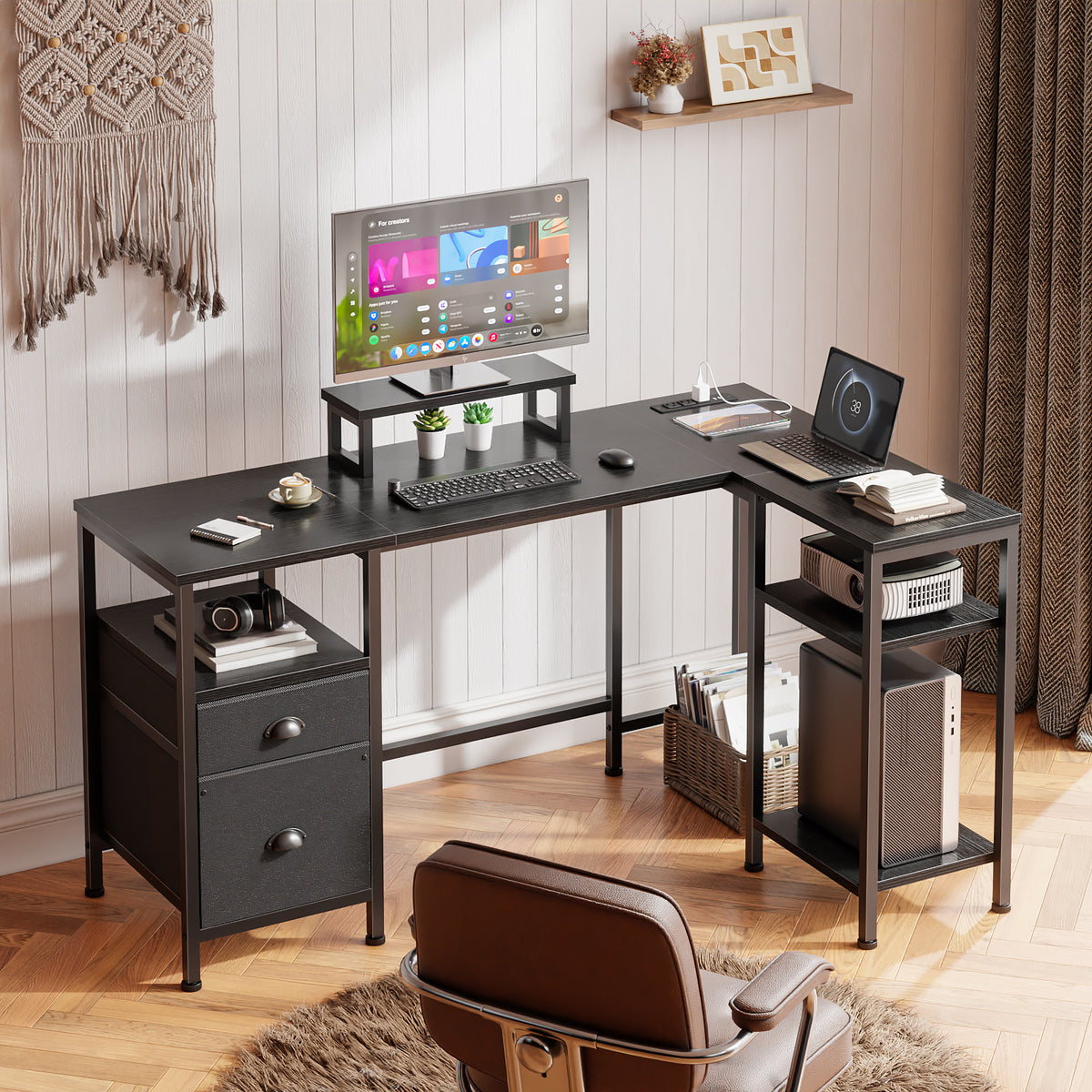 Satifur L Shaped Desk with Power Outlets, 50