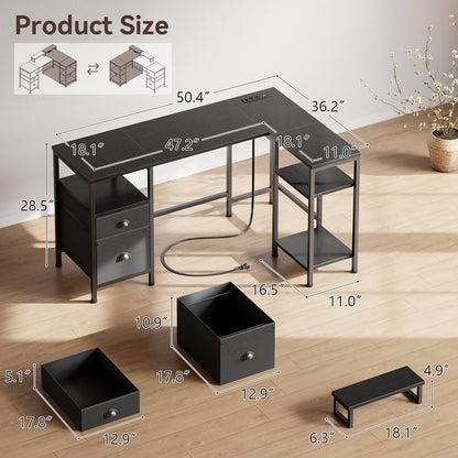 Satifur L Shaped Desk with Power Outlets, 50" Computer Desk with File Drawer, Home Office Desk with Printer Stand & Storage Shelves, Corner Desk, Black