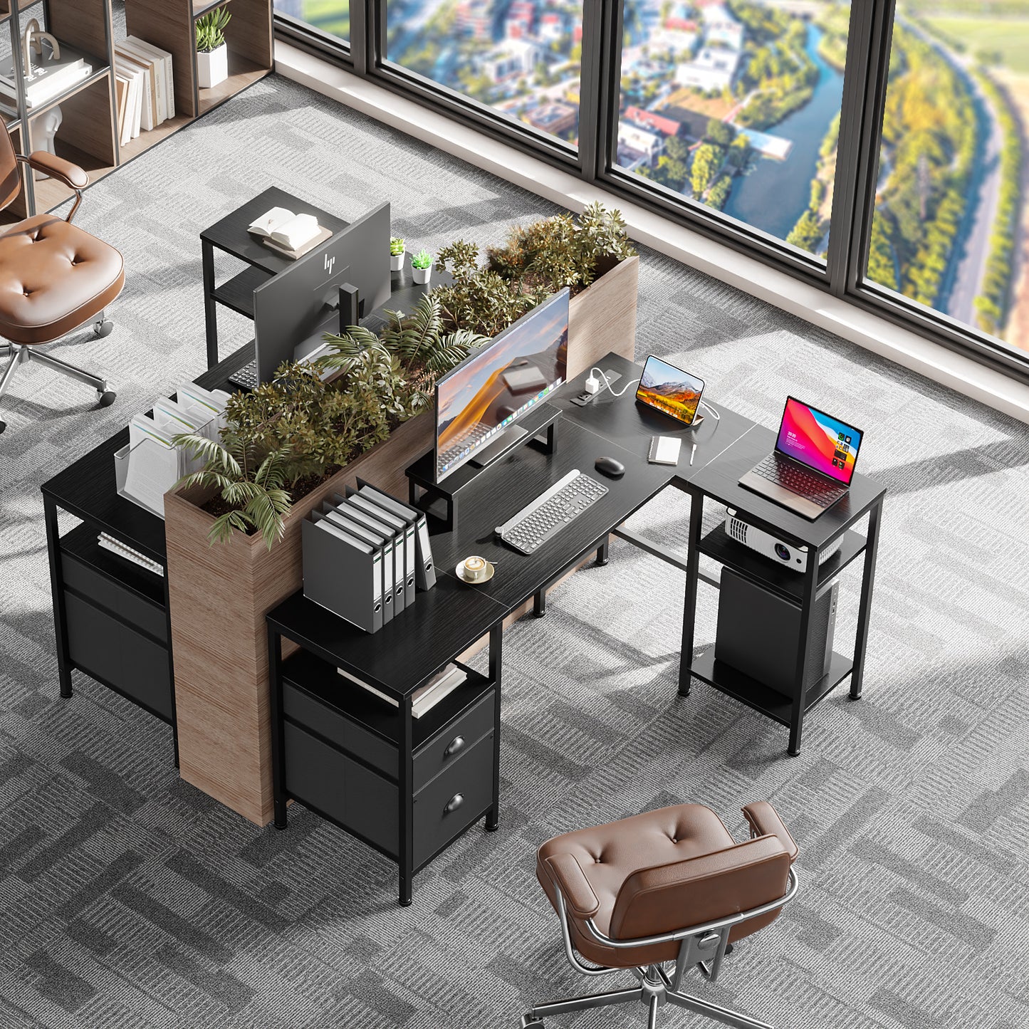 Satifur L Shaped Desk with Power Outlets, 50" Computer Desk with File Drawer, Home Office Desk with Printer Stand & Storage Shelves, Corner Desk, Black