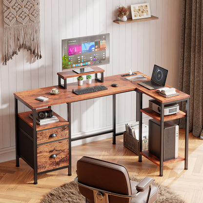 Satifur L Shaped Desk with Power Outlets, 50" Computer Desk with File Drawer, Home Office Desk with Printer Stand & Storage Shelves, Corner Desk, Rustic Brown