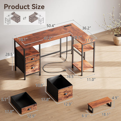 Satifur L Shaped Desk with Power Outlets, 50" Computer Desk with File Drawer, Home Office Desk with Printer Stand & Storage Shelves, Corner Desk, Rustic Brown