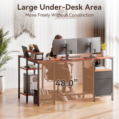 Satifur L Shaped Desk with Power Outlets, 50" Computer Desk with File Drawer, Home Office Desk with Printer Stand & Storage Shelves, Corner Desk, Rustic Brown