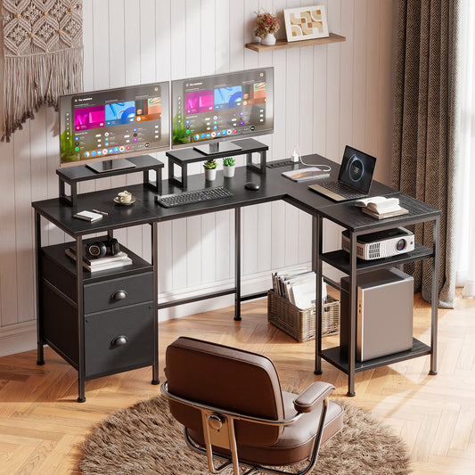 Satifur 59" L-Shaped Desk, Corner Computer Desk with Power Outlet,Reversible Gaming Desk for Home Office,Black