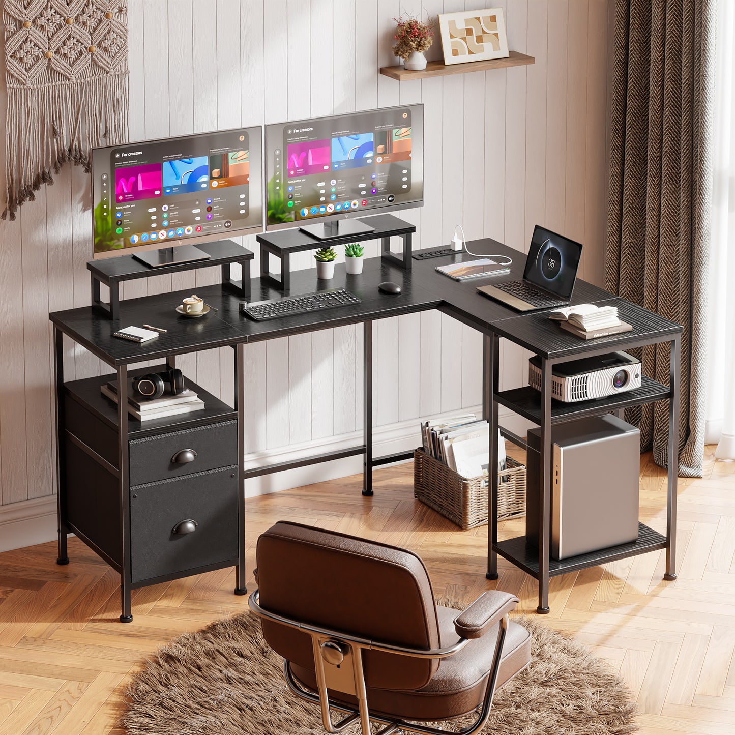 Satifur Computer Desk 65" L-Shaped, Corner Desk with Power Outlet, Reversible Gaming Desk, Black