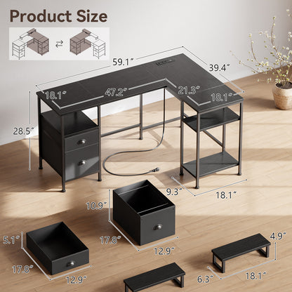 Satifur 59" L-Shaped Desk, Corner Computer Desk with Power Outlet,Reversible Gaming Desk for Home Office,Black