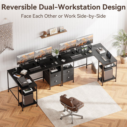 Satifur Computer Desk 65" L-Shaped, Corner Desk with Power Outlet, Reversible Gaming Desk, Black