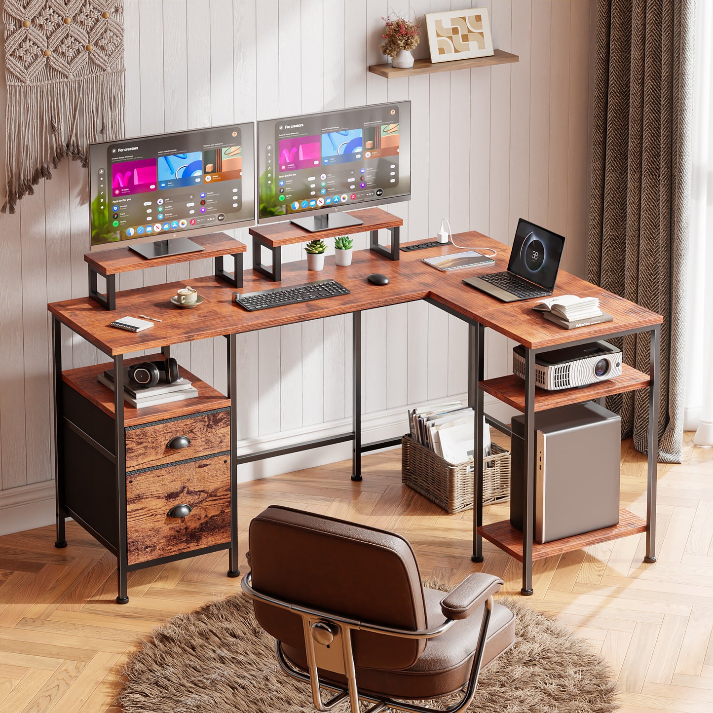 Satifur 59" L-Shaped Desk, Corner Computer Desk with Power Outlet,Reversible Gaming Desk for Home Office,Rustic Brown