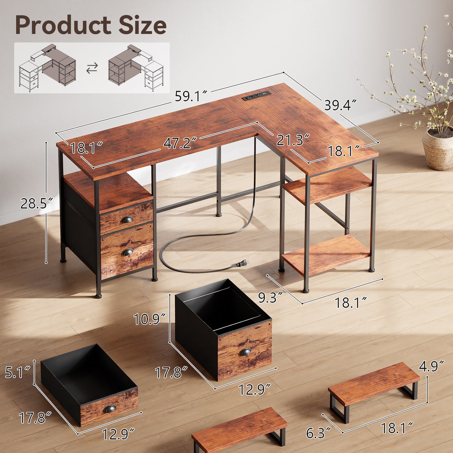 Satifur 59" L-Shaped Desk, Corner Computer Desk with Power Outlet,Reversible Gaming Desk for Home Office,Rustic Brown