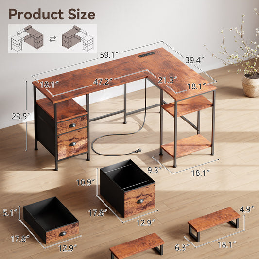 Satifur 59" L-Shaped Desk, Corner Computer Desk with Power Outlet,Reversible Gaming Desk for Home Office,Rustic Brown
