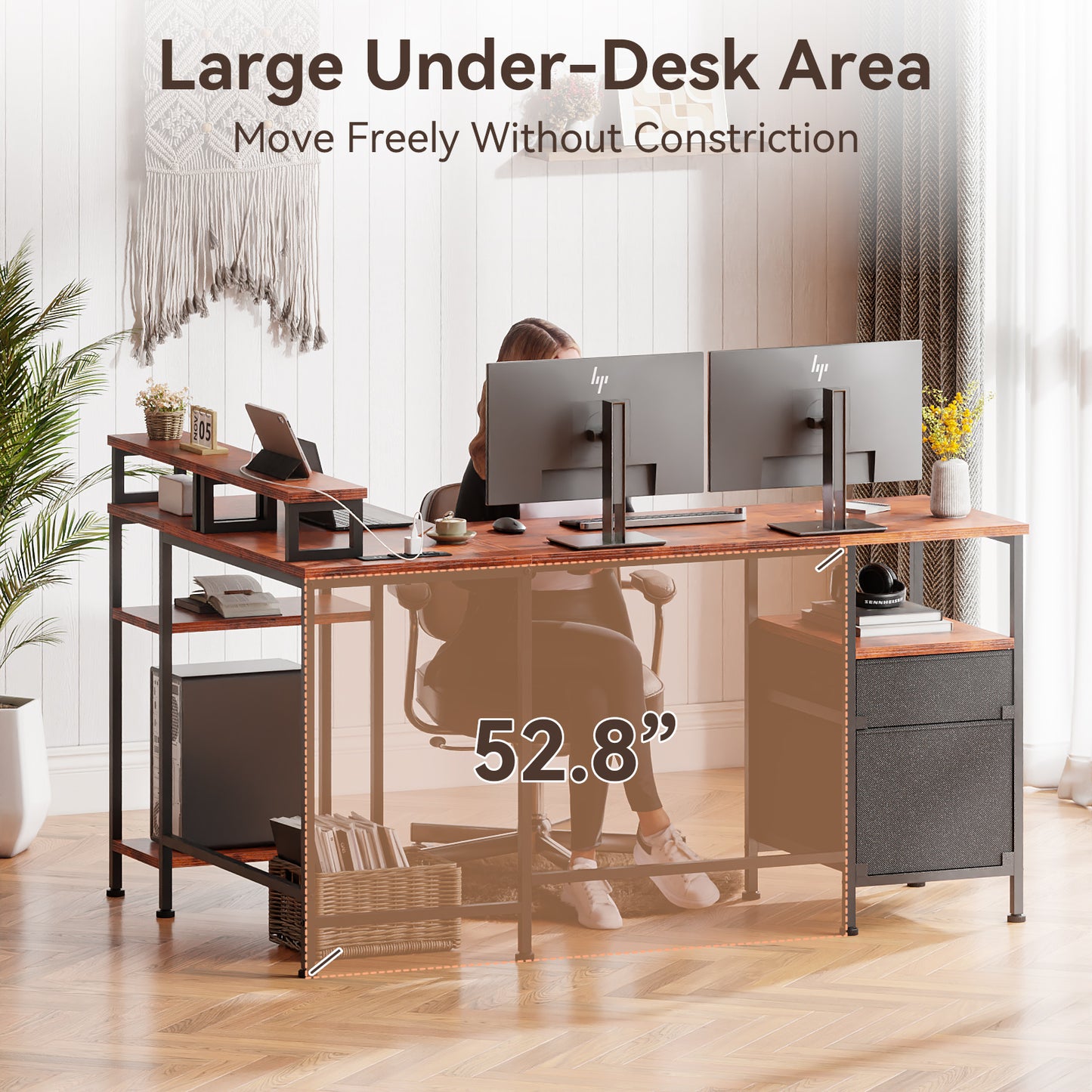 Satifur 59" L-Shaped Desk, Corner Computer Desk with Power Outlet,Reversible Gaming Desk for Home Office,Rustic Brown