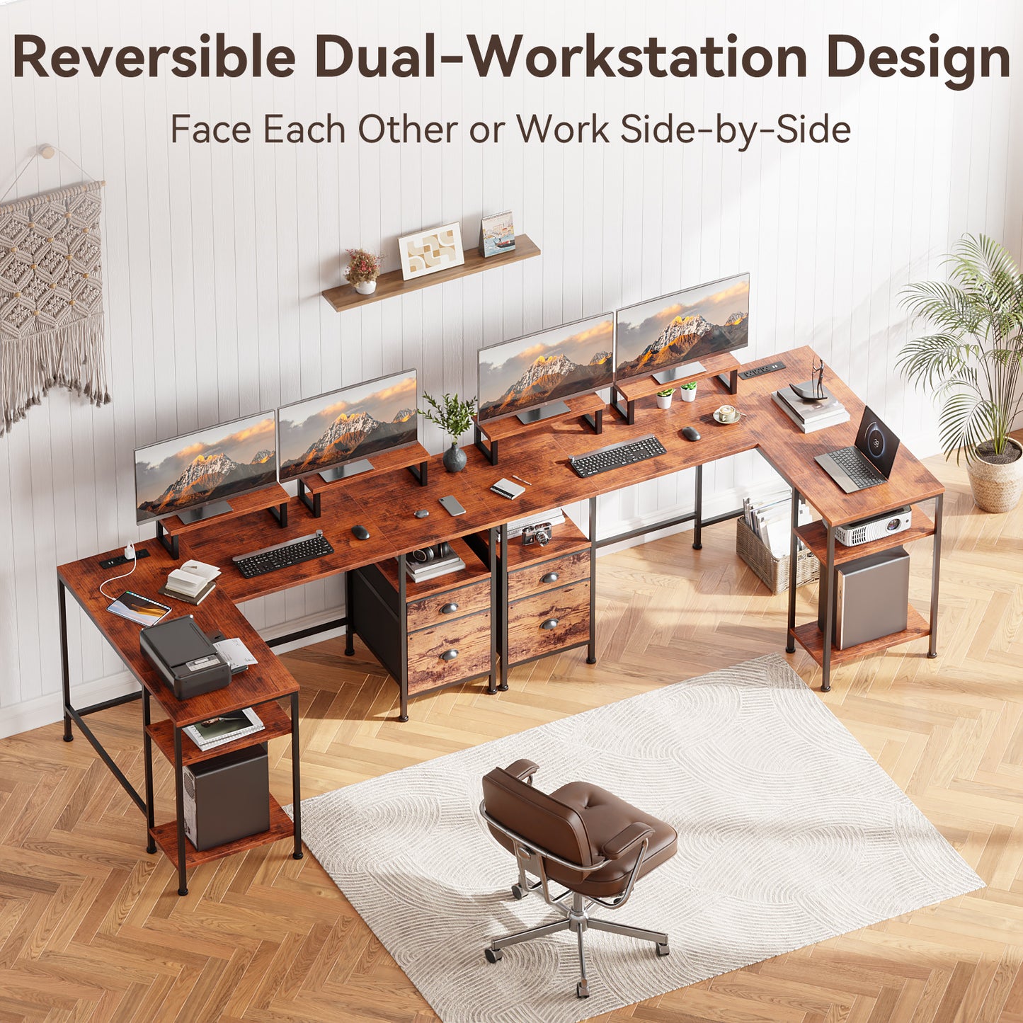 Satifur 59" L-Shaped Desk, Corner Computer Desk with Power Outlet,Reversible Gaming Desk for Home Office,Rustic Brown