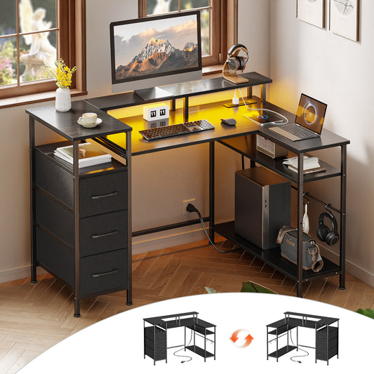 Satifur 47" Computer Desk with LED Lights & Power Outlets, L-Shaped Desk with 3 Fabric Drawers & Open Shelves, Reversible Home Office Desk,Black